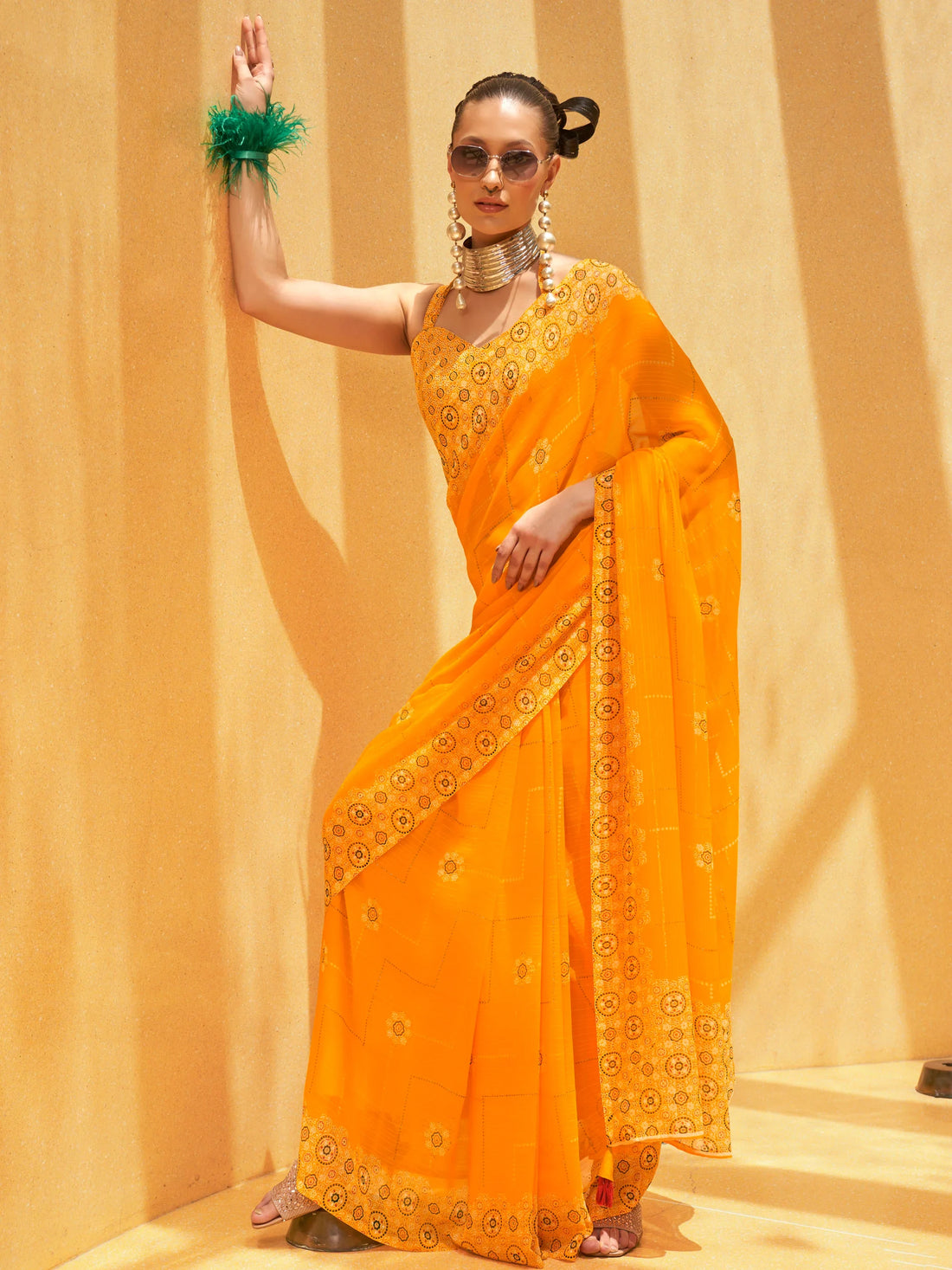 Attractive Yellow Foil Print Georgette Haldi Wear Saree With Blouse - Zeel Clothing