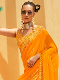Attractive Yellow Foil Print Georgette Haldi Wear Saree With Blouse - Zeel Clothing