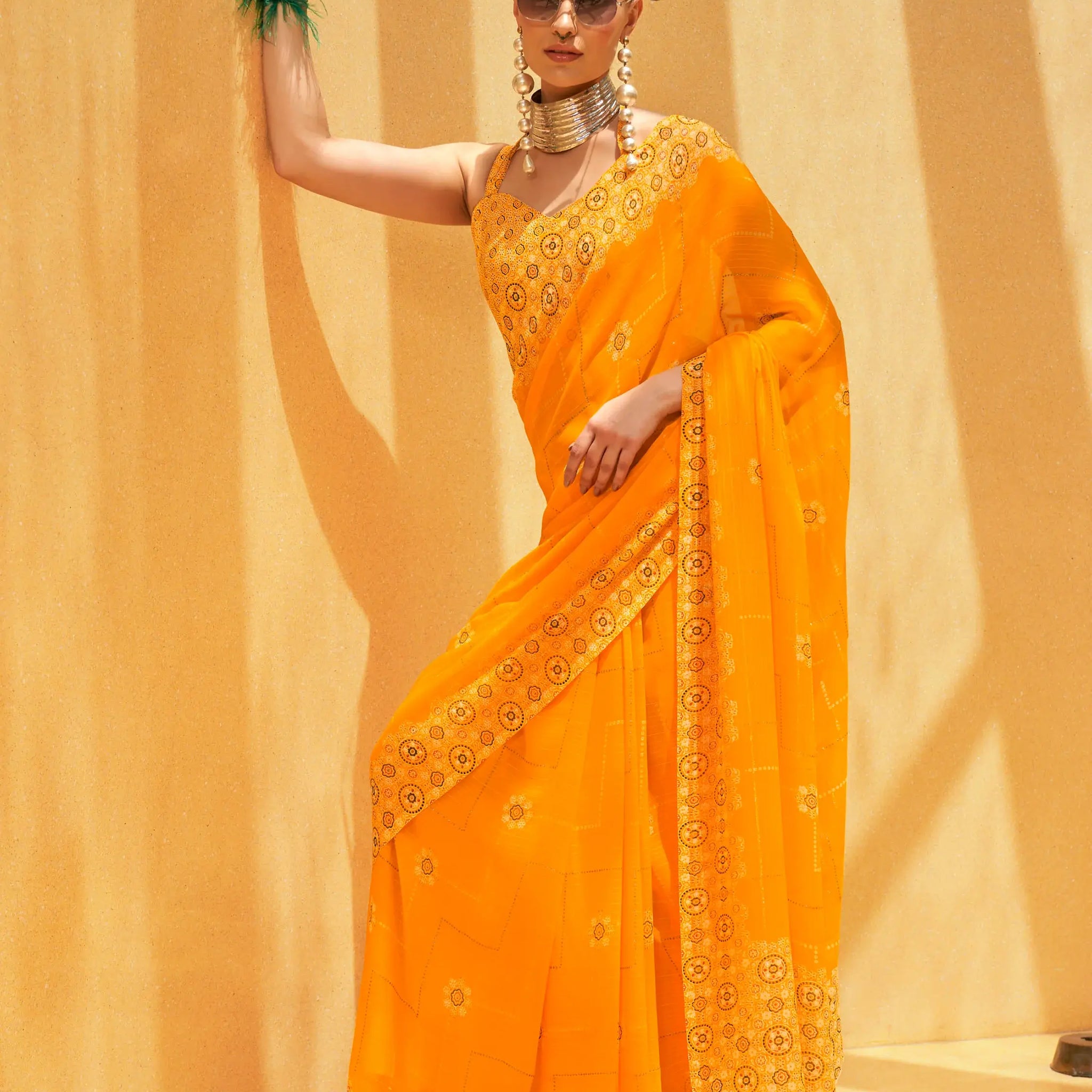 Attractive Yellow Foil Print Georgette Haldi Wear Saree With Blouse - Zeel Clothing