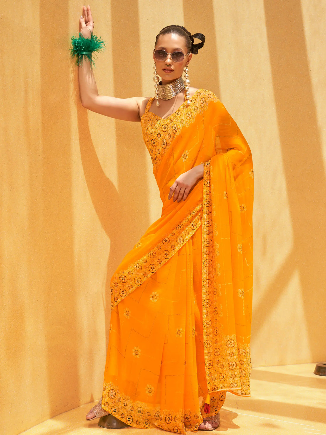 Attractive Yellow Foil Print Georgette Haldi Wear Saree With Blouse - Zeel Clothing