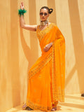 Attractive Yellow Foil Print Georgette Haldi Wear Saree With Blouse - Zeel Clothing