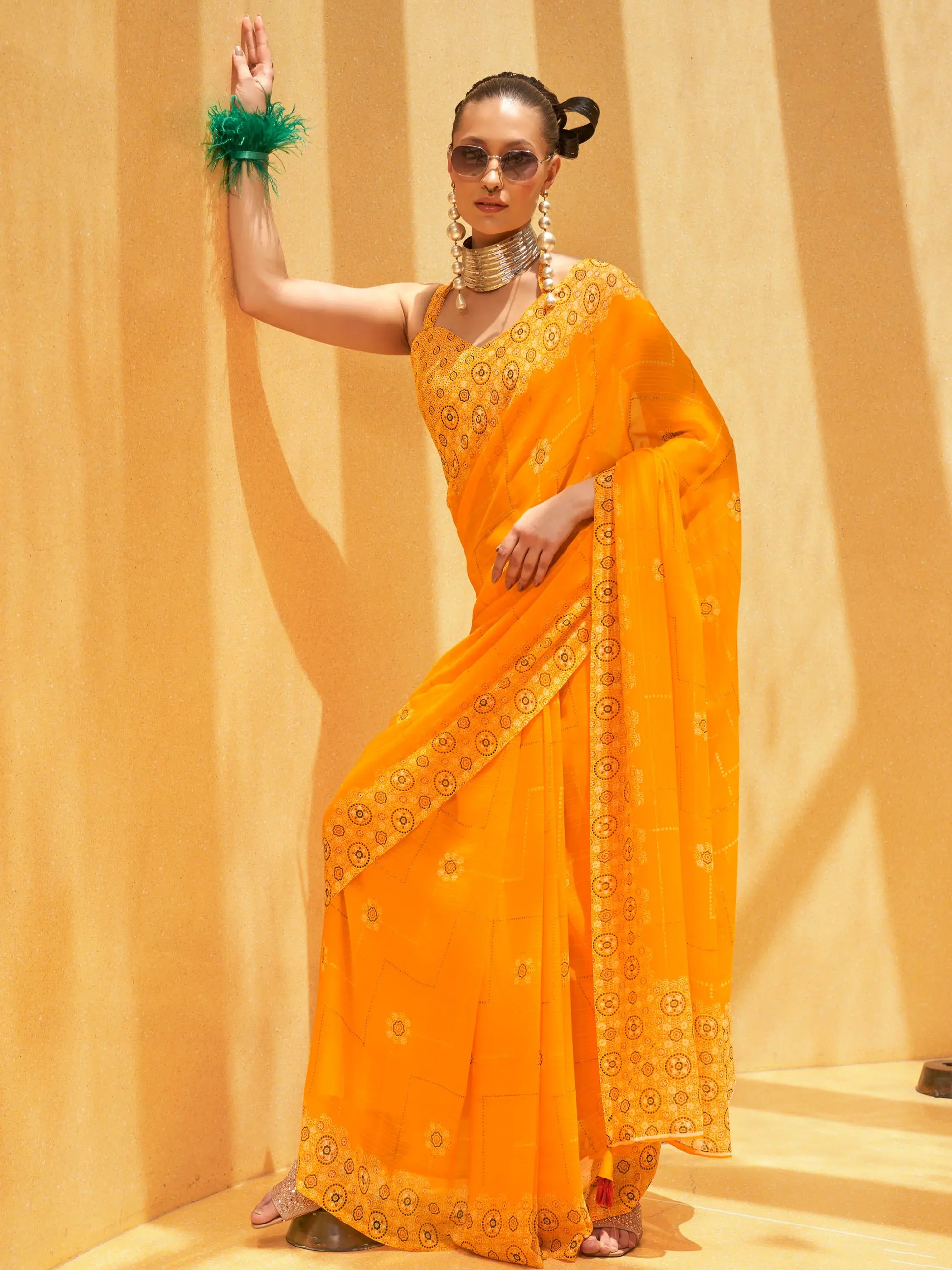 Attractive Yellow Foil Print Georgette Haldi Wear Saree With Blouse - Zeel Clothing
