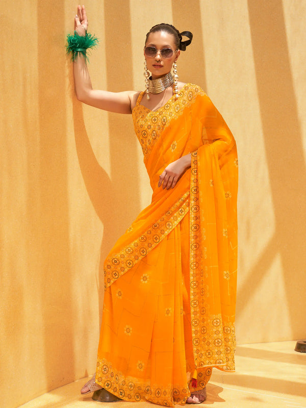 Attractive Yellow Foil Print Georgette Haldi Wear Saree With Blouse - Zeel Clothing