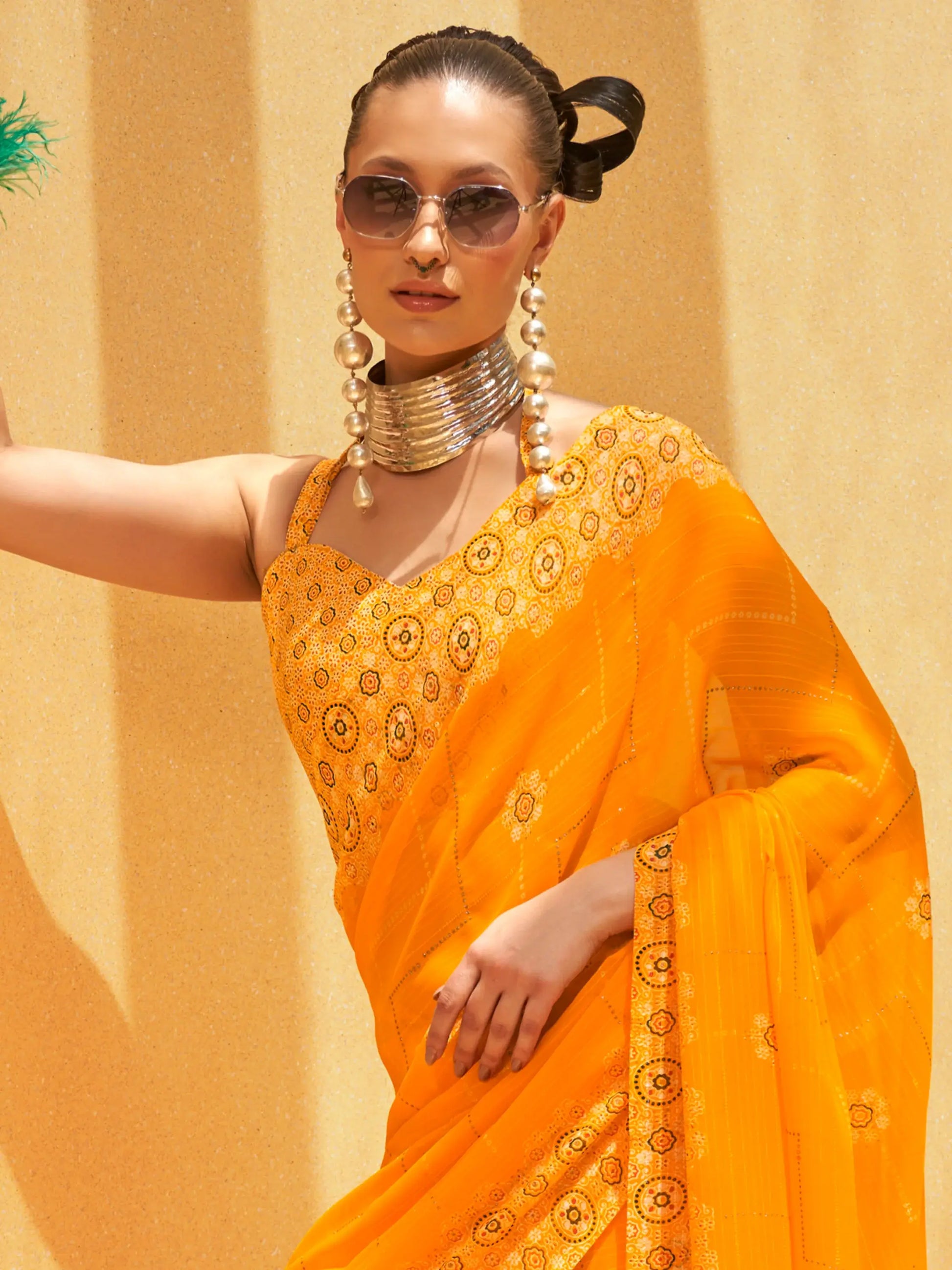 Attractive Yellow Foil Print Georgette Haldi Wear Saree With Blouse - Zeel Clothing