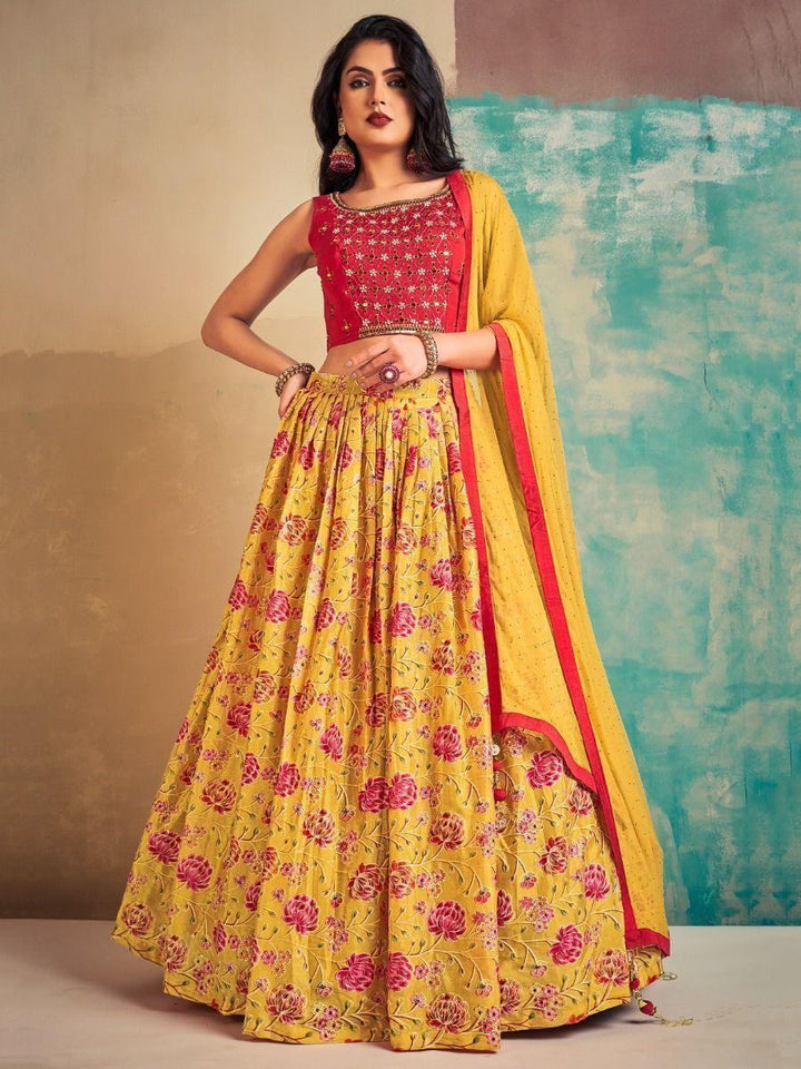 Attractive Yellow Printed Chinon Party Wear Lehenga Choli With Dupatta