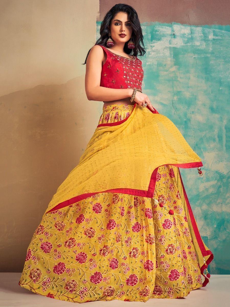 Attractive Yellow Printed Chinon Party Wear Lehenga Choli With Dupatta
