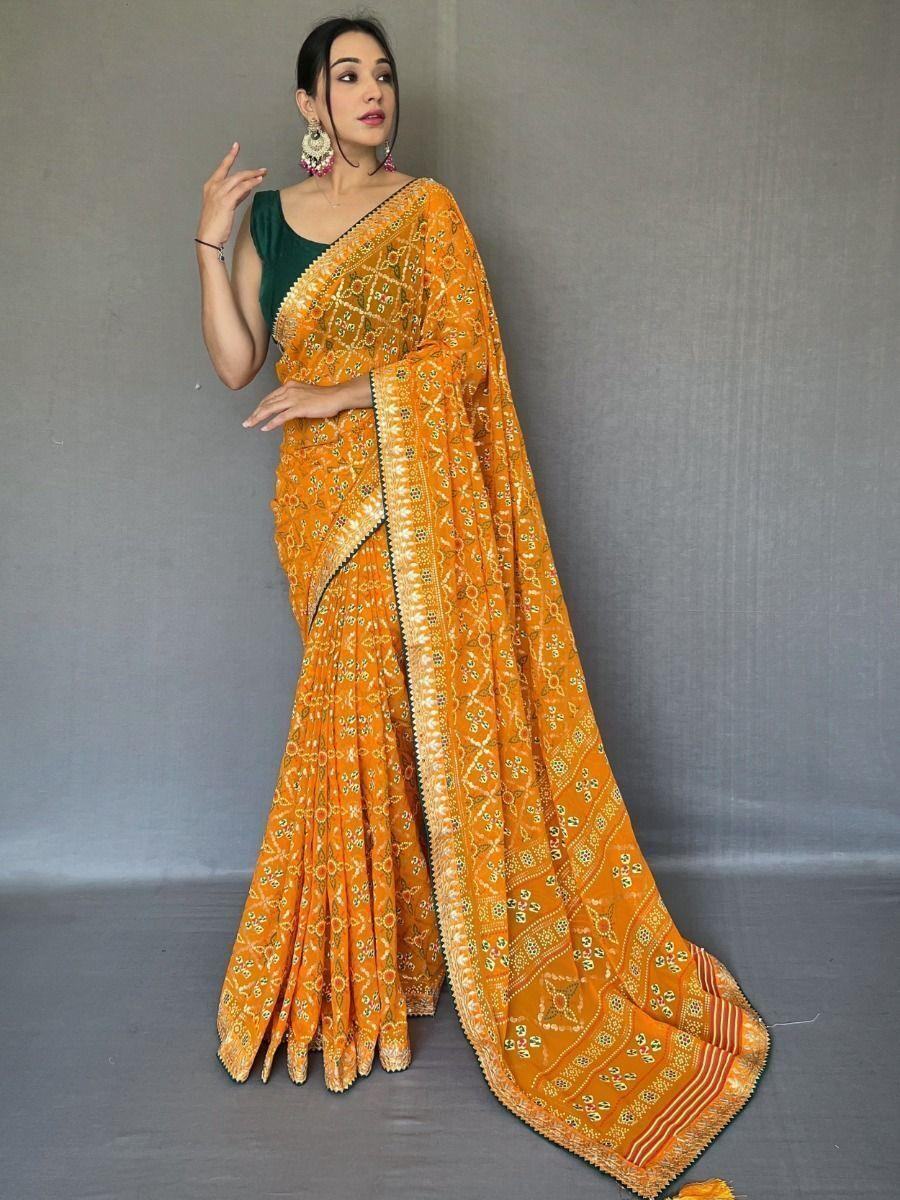 Attractive Yellow Printed Georgette Event Wear Saree With Blouse