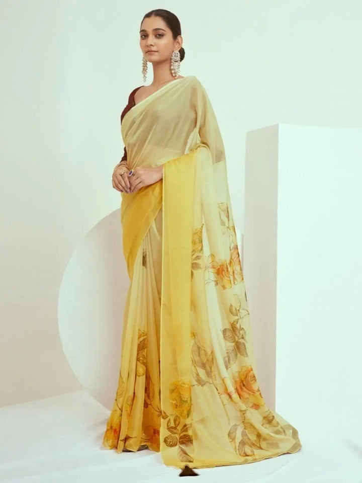 Attractive Yellow Printed Georgette Festive Wear Saree With Blouse