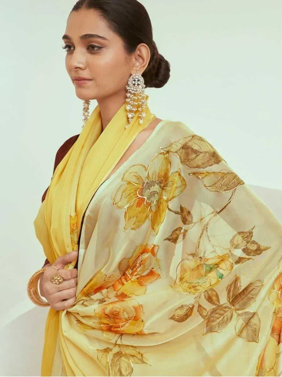 Attractive Yellow Printed Georgette Festive Wear Saree With Blouse