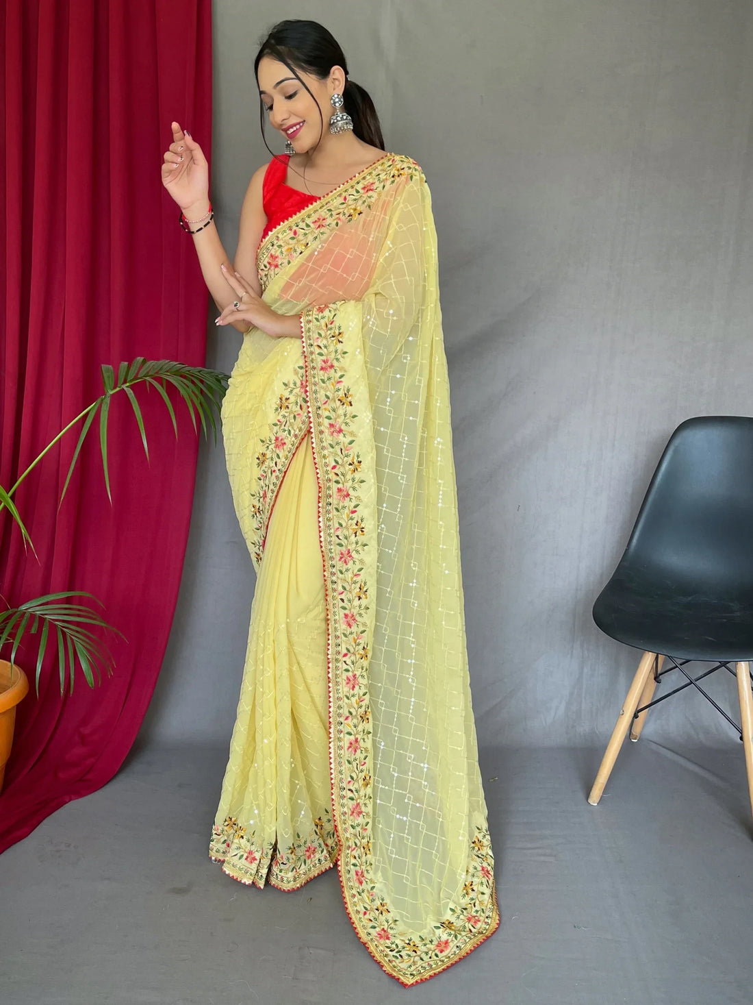 Attractive Yellow Sequins Georgette Haldi Wear Saree With Blouse - Zeel Clothing