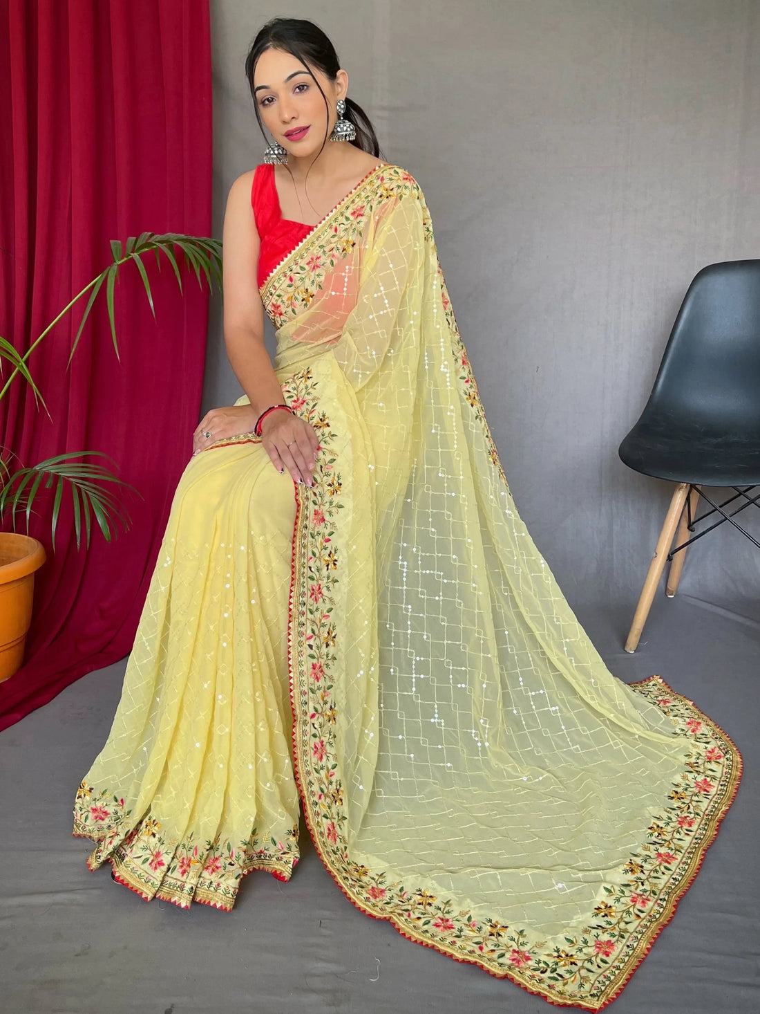 Attractive Yellow Sequins Georgette Haldi Wear Saree With Blouse - Zeel Clothing