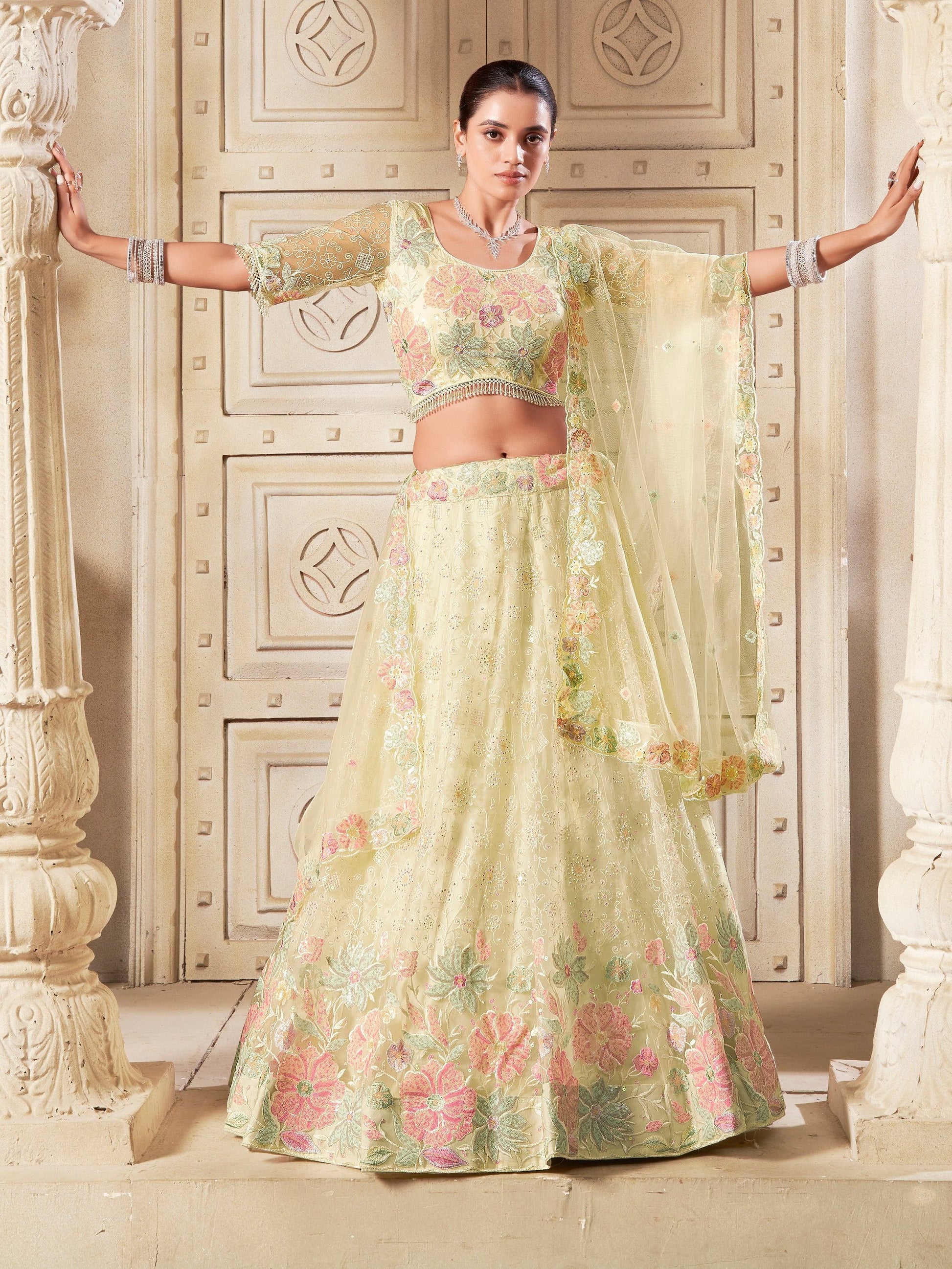 Attractive Yellow Sequins Net Wedding Lehenga Choli With Dupatta - Zeel Clothing