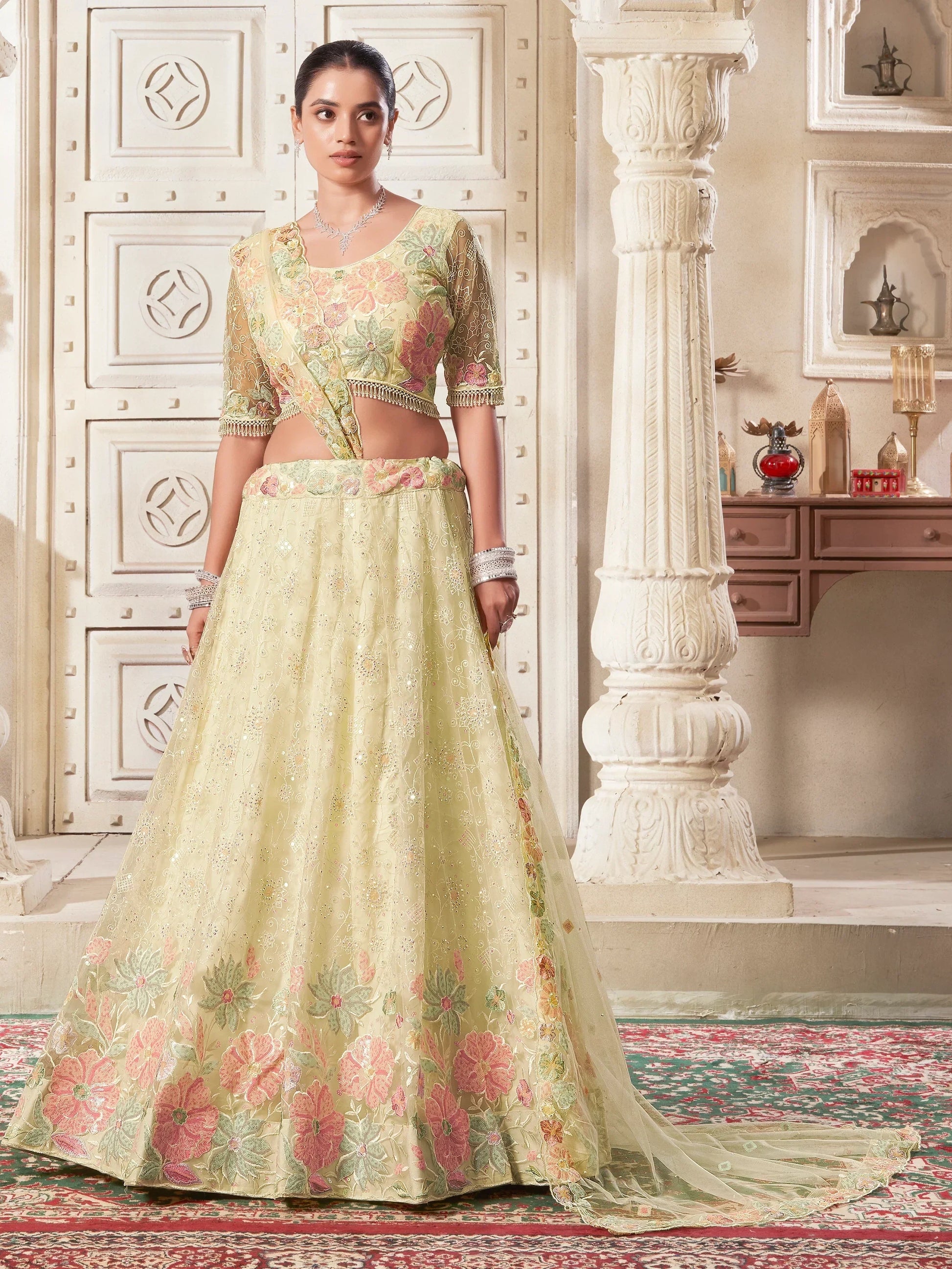 Attractive Yellow Sequins Net Wedding Lehenga Choli With Dupatta - Zeel Clothing