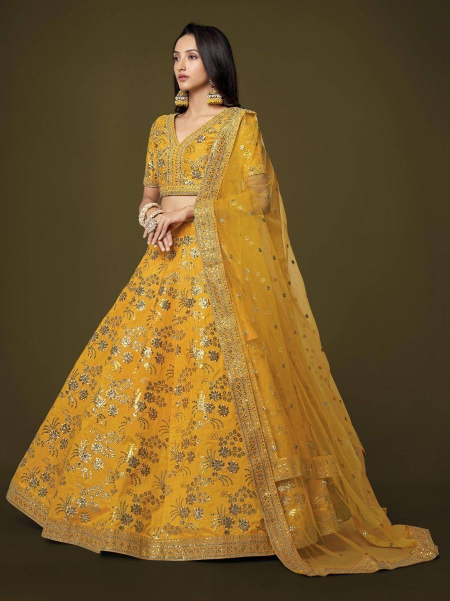 Attractive Yellow Sequins Slub Silk Wedding Wear Lehenga Choli