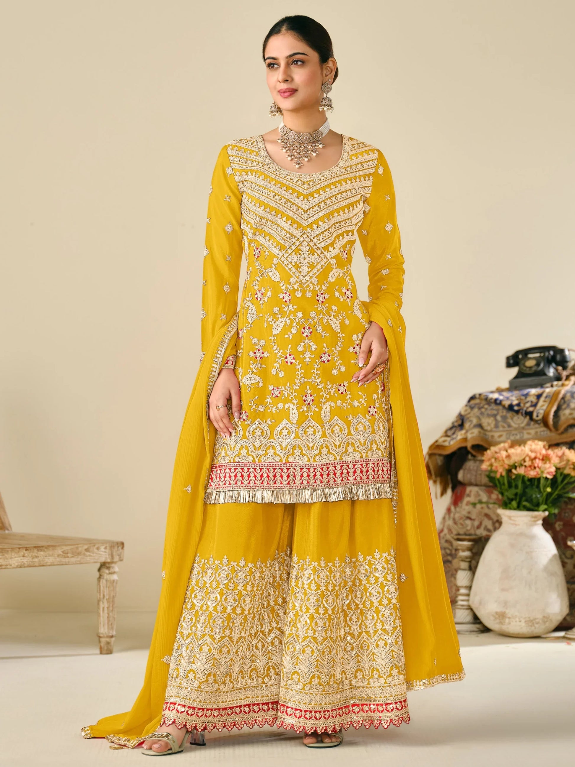 Attractive Yellow Sequins Work Chinon Sharara Suit With Dupatta - Zeel Clothing
