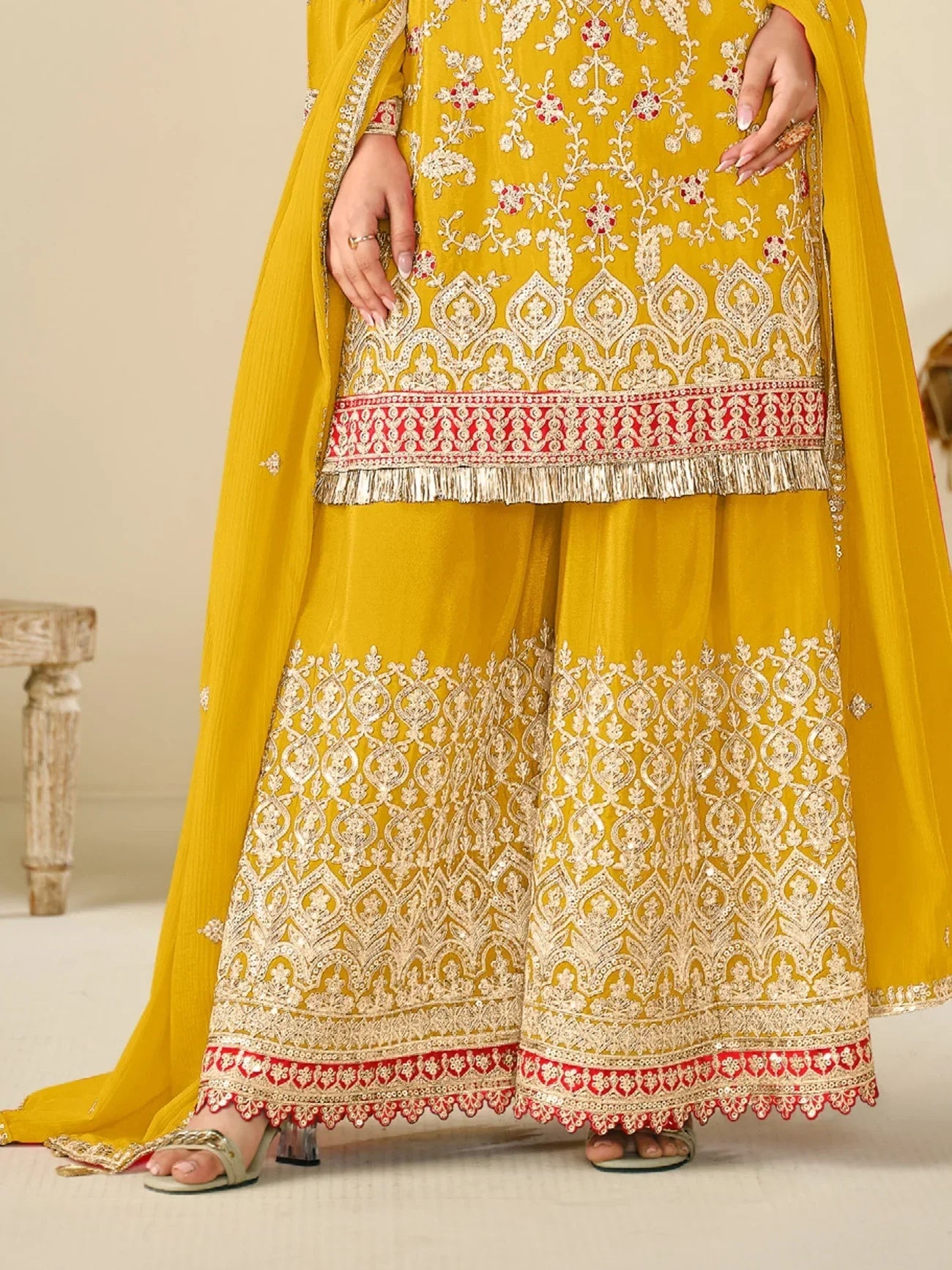 Attractive Yellow Sequins Work Chinon Sharara Suit With Dupatta - Zeel Clothing