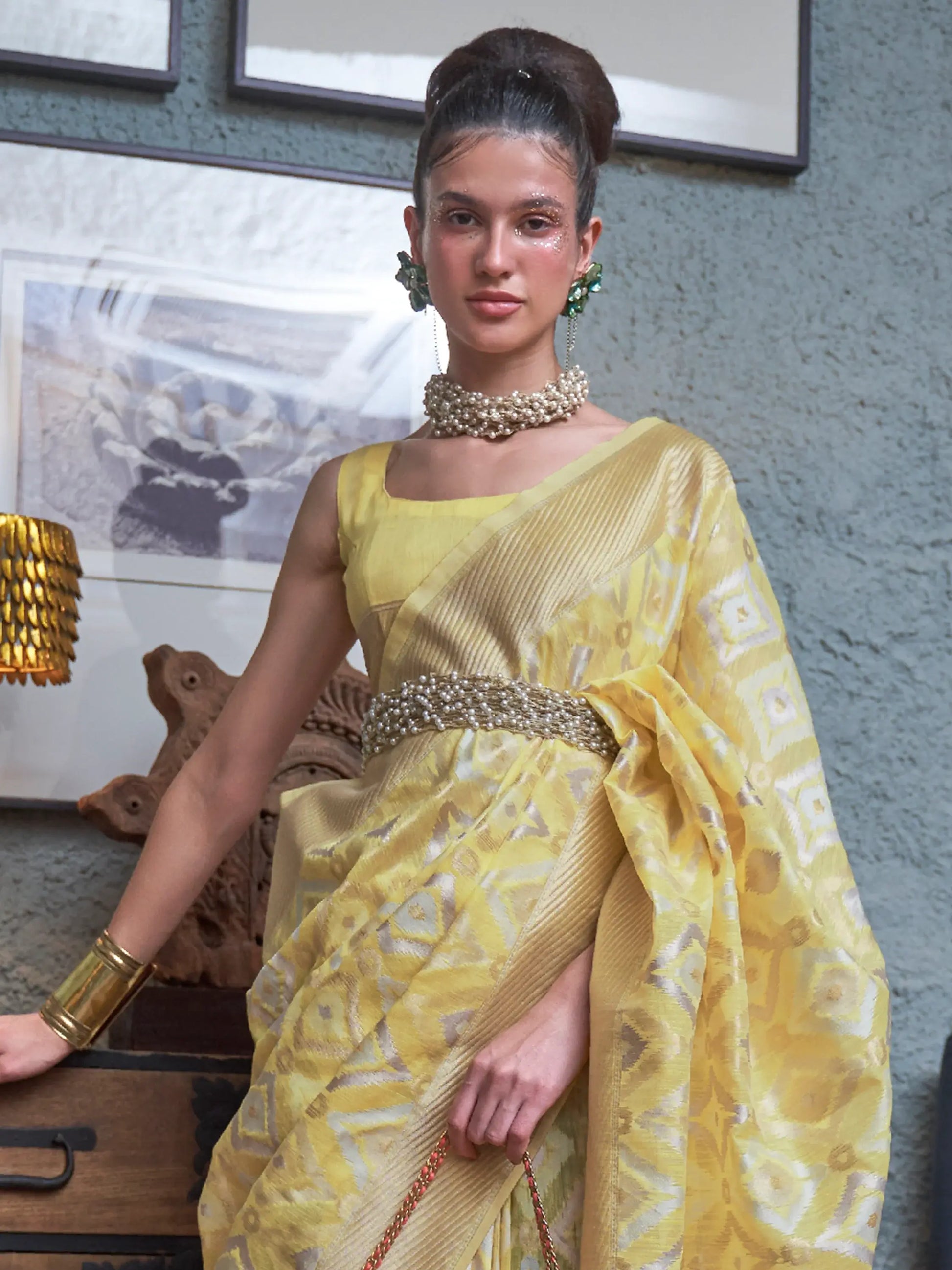 Attractive Yellow Zari Weaving Linen Festival Wear Saree With Blouse - Zeel Clothing