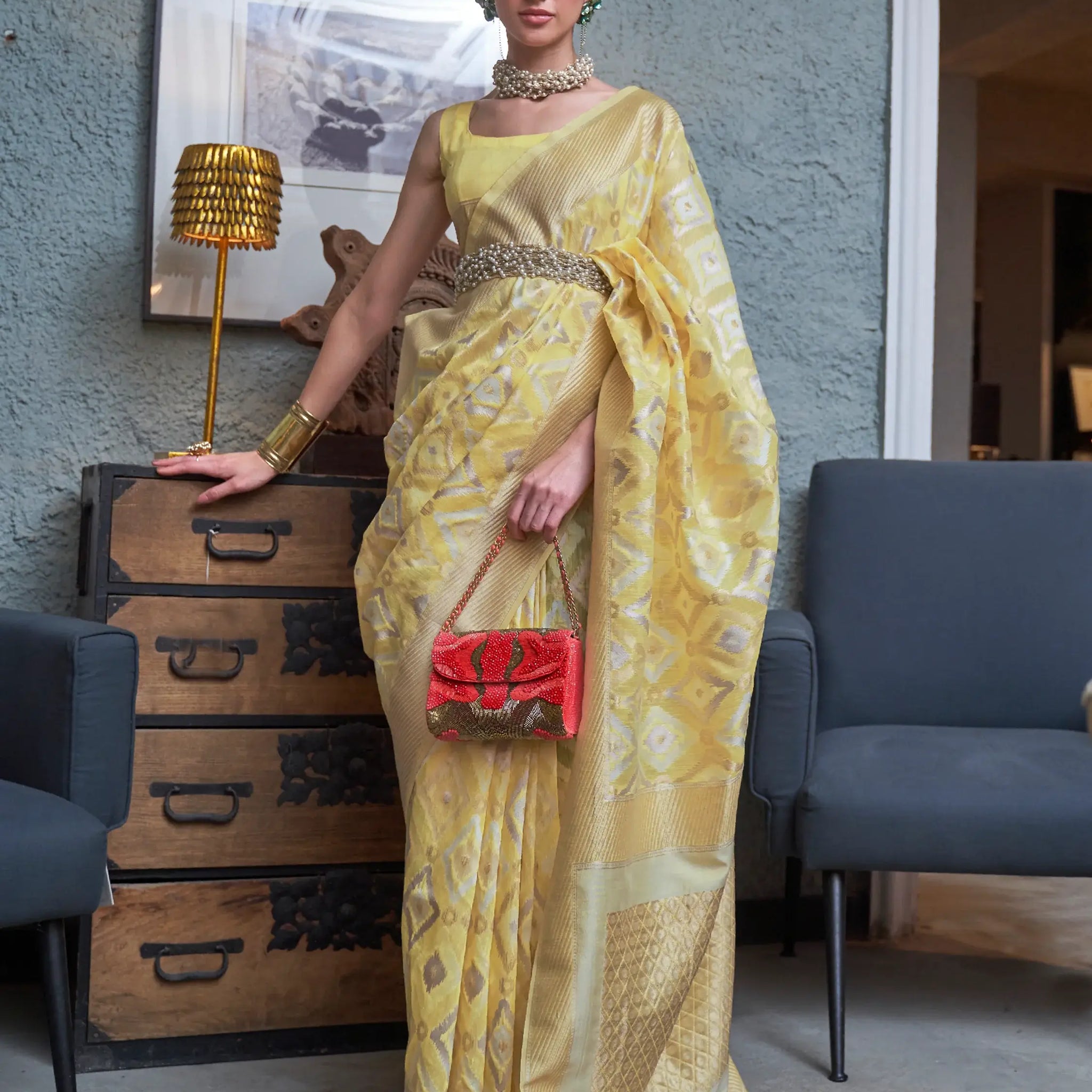 Attractive Yellow Zari Weaving Linen Festival Wear Saree With Blouse - Zeel Clothing
