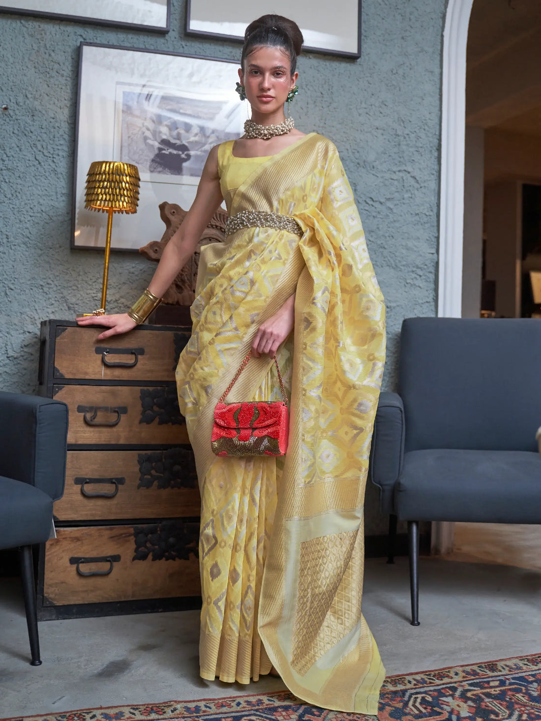 Attractive Yellow Zari Weaving Linen Festival Wear Saree With Blouse - Zeel Clothing