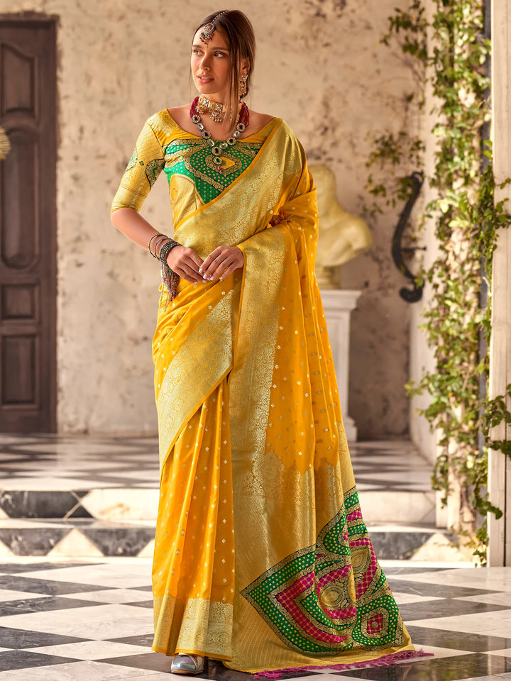 Attractive Yellow Zari Weaving Silk Event Wear Saree With Blouse - Zeel Clothing