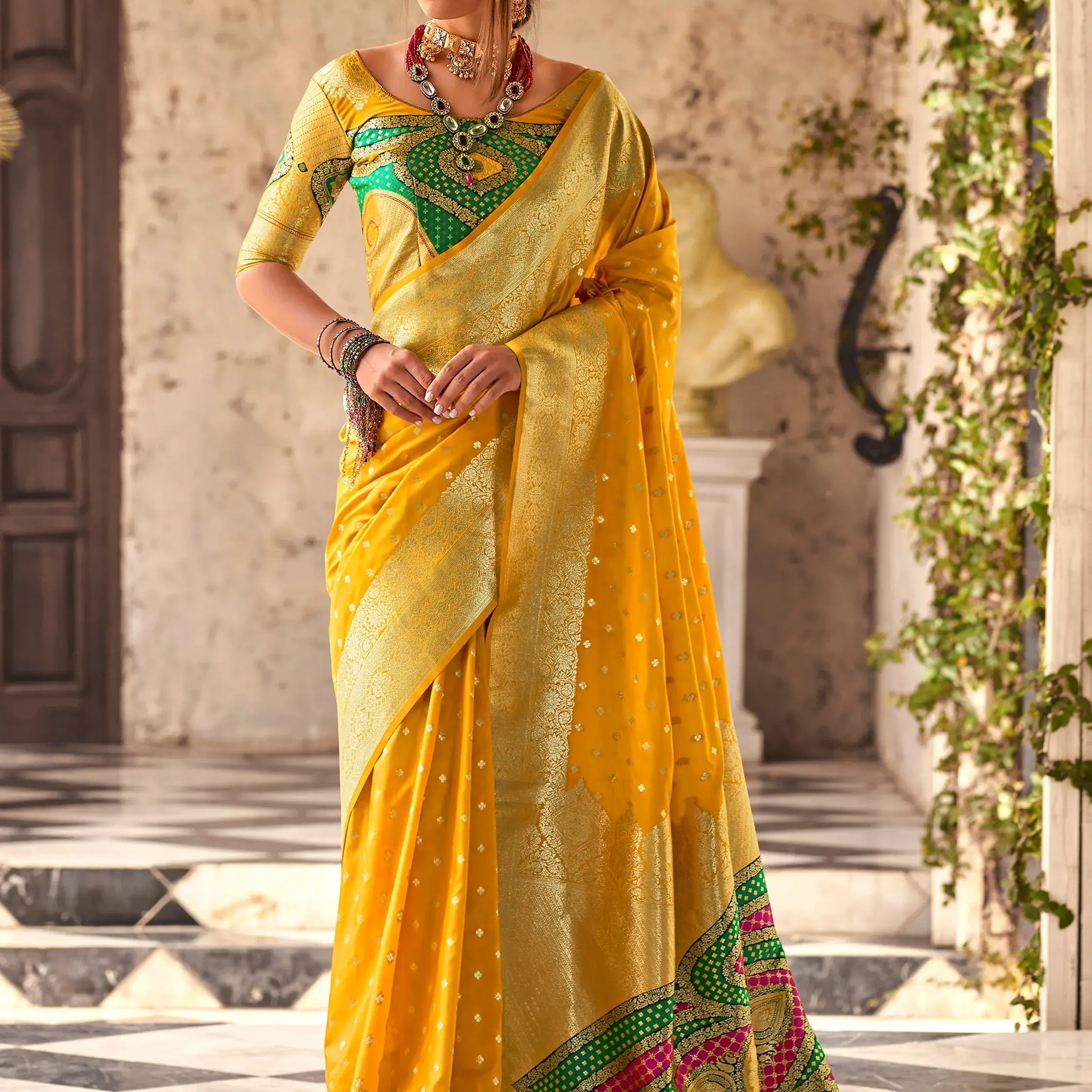 Attractive Yellow Zari Weaving Silk Event Wear Saree With Blouse - Zeel Clothing