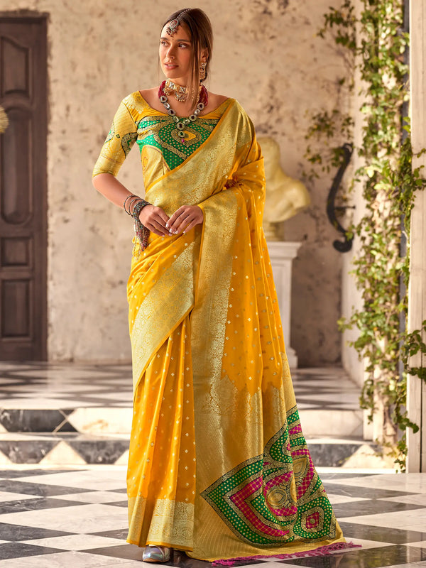 Attractive Yellow Zari Weaving Silk Event Wear Saree With Blouse - Zeel Clothing