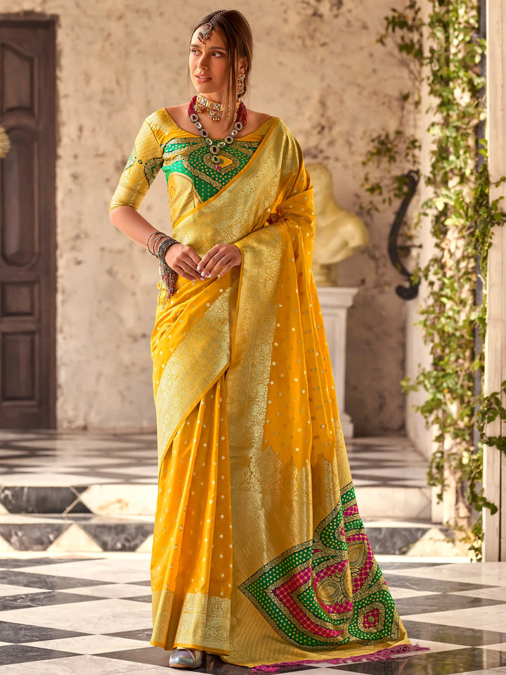 Attractive Yellow Zari Weaving Silk Event Wear Saree With Blouse - Zeel Clothing