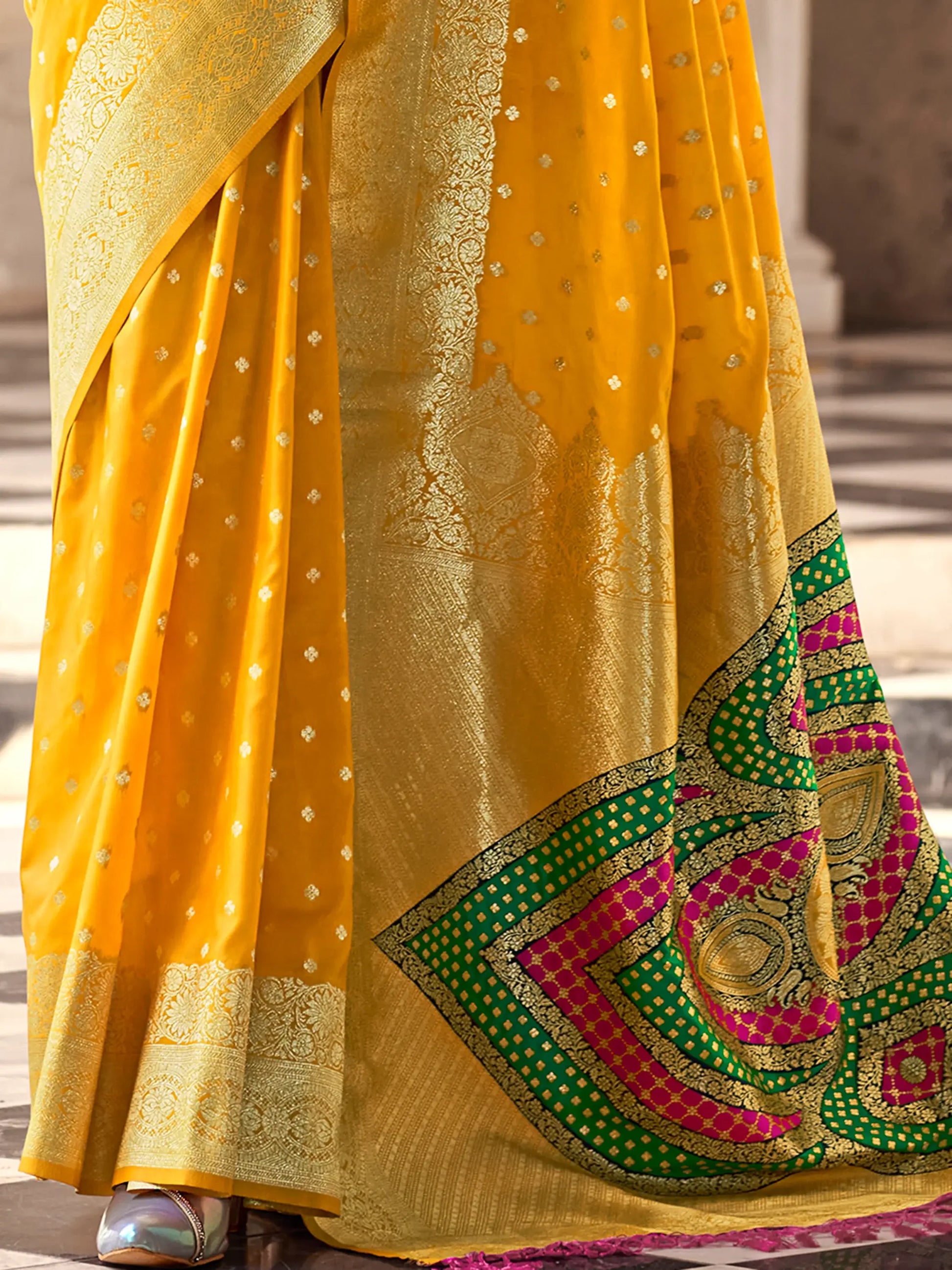 Attractive Yellow Zari Weaving Silk Event Wear Saree With Blouse - Zeel Clothing