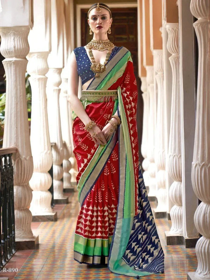 Attrective Red Digital Printed Patola Silk Wedding Wear Saree