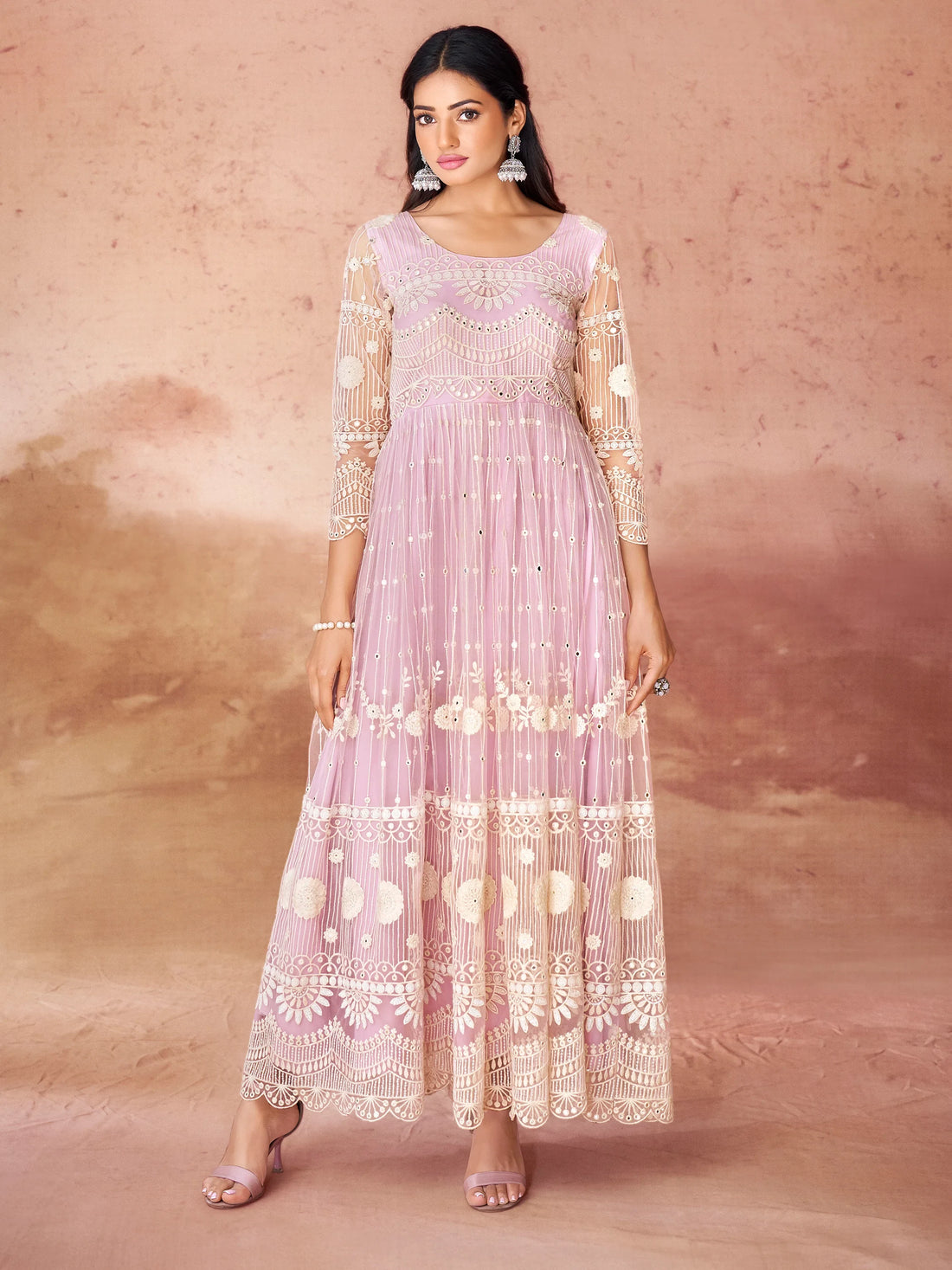 Awesome Baby Pink Embroidered Net Festival Wear Gown - Zeel Clothing