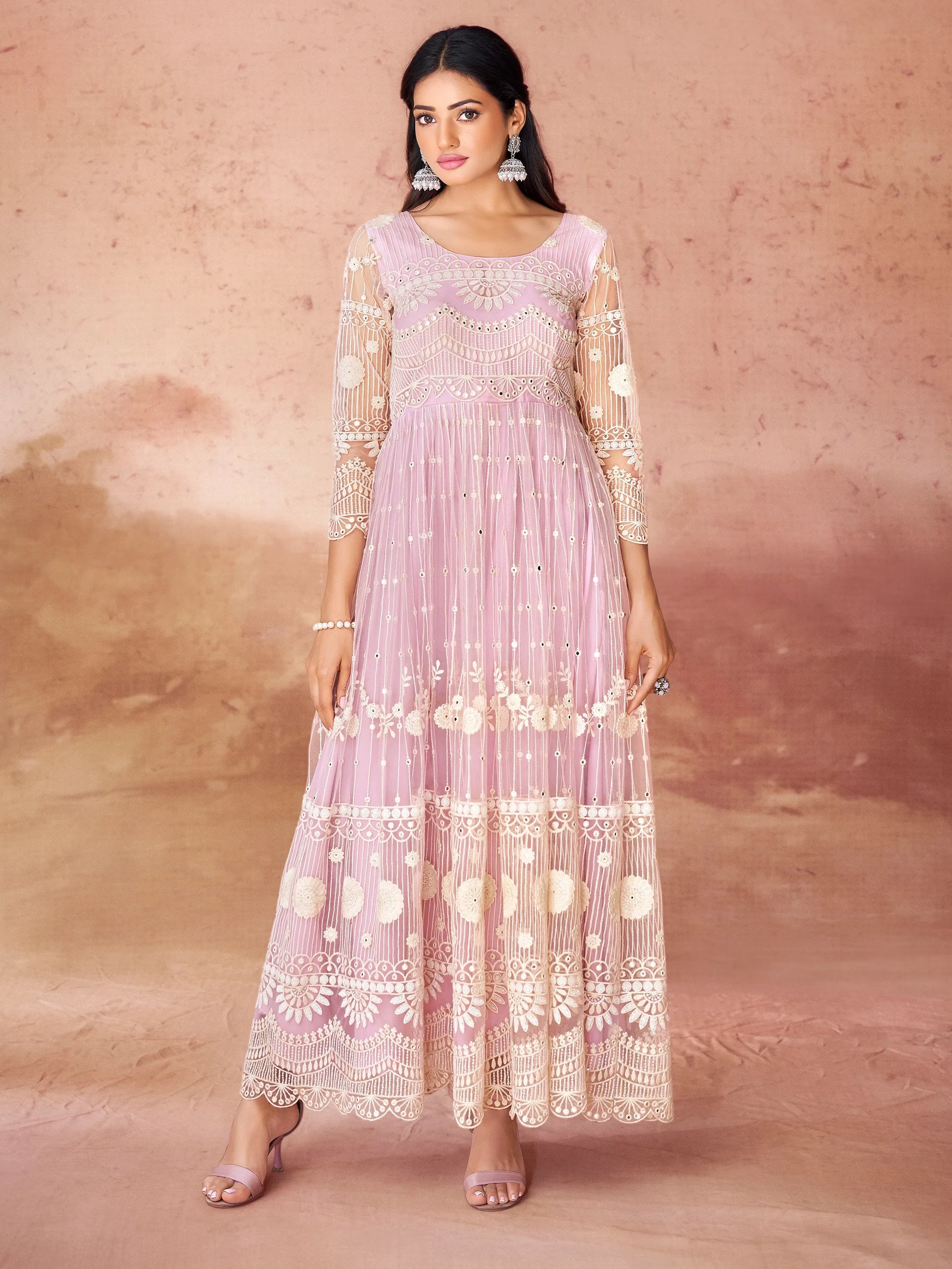 Awesome Baby Pink Embroidered Net Festival Wear Gown - Zeel Clothing