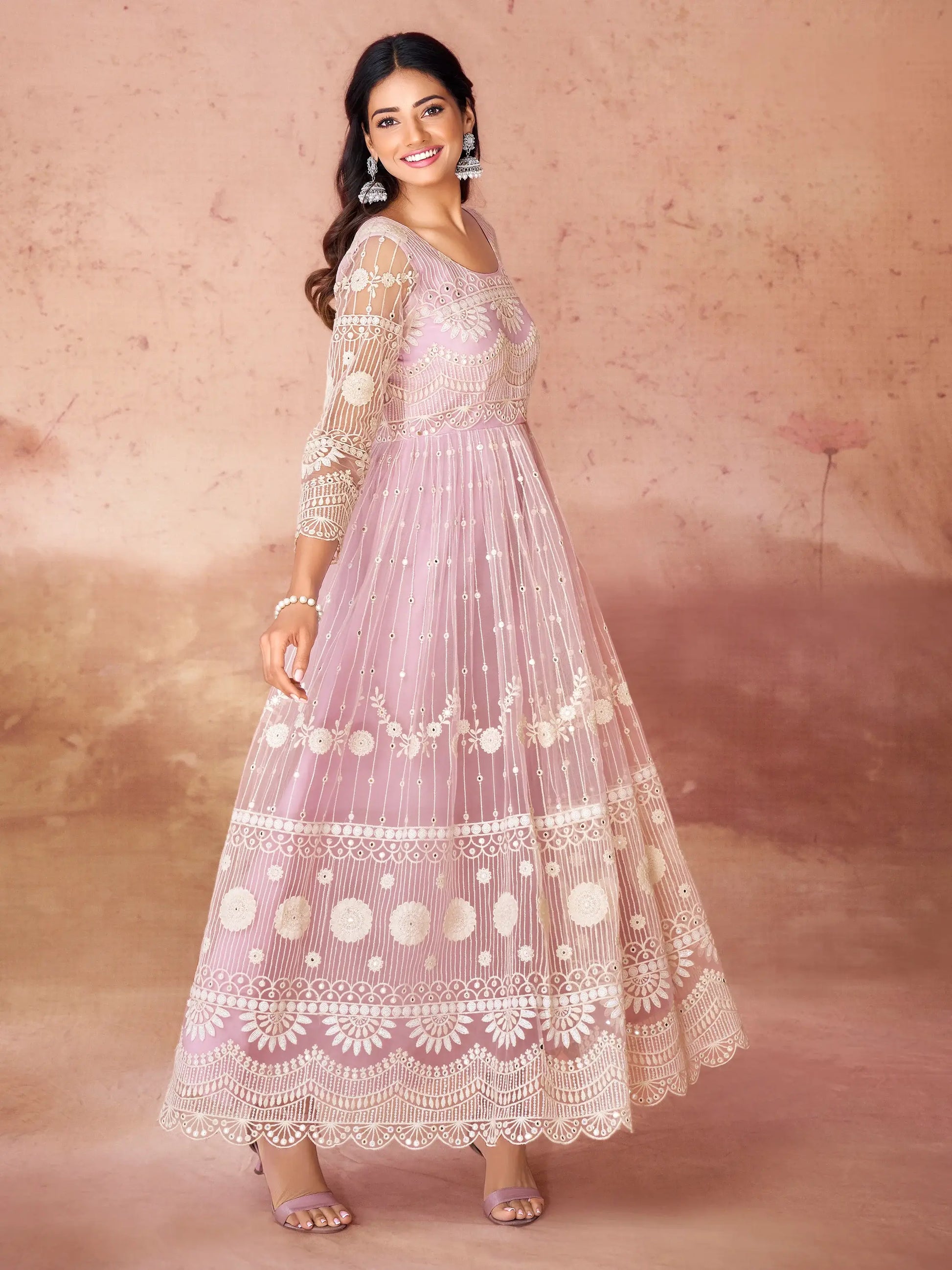 Awesome Baby Pink Embroidered Net Festival Wear Gown - Zeel Clothing