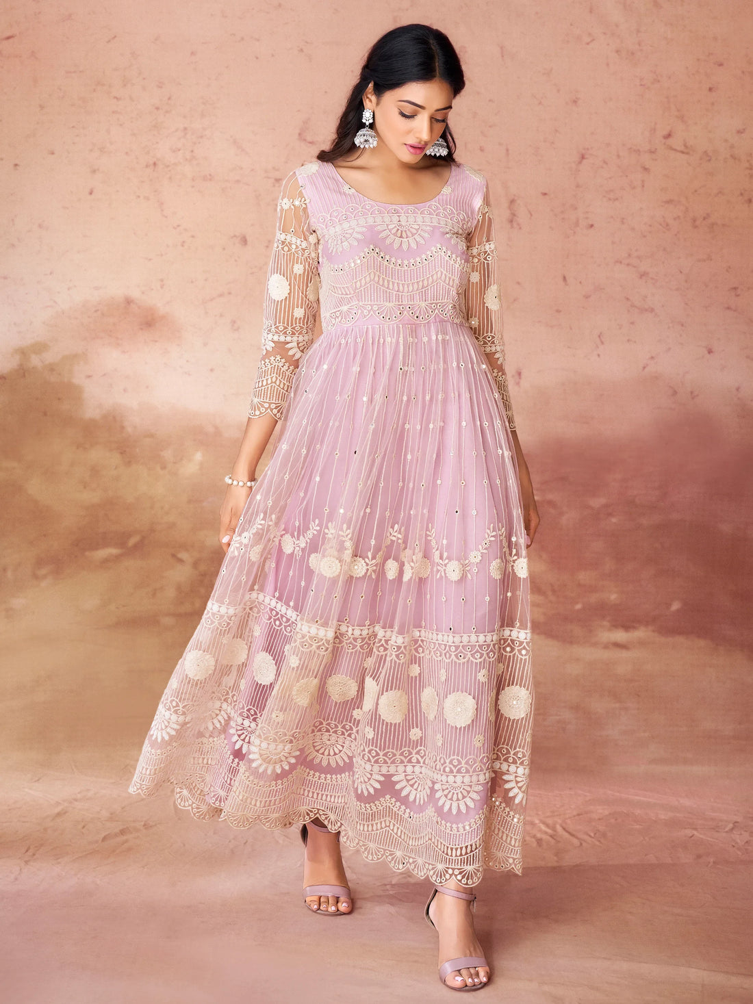 Awesome Baby Pink Embroidered Net Festival Wear Gown - Zeel Clothing
