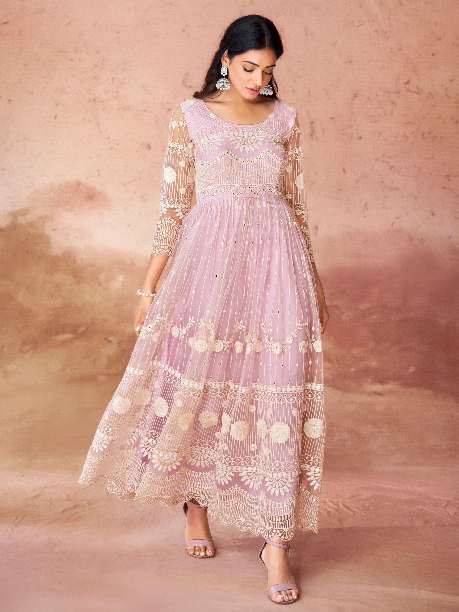 Awesome Baby Pink Embroidered Net Festival Wear Gown - Zeel Clothing