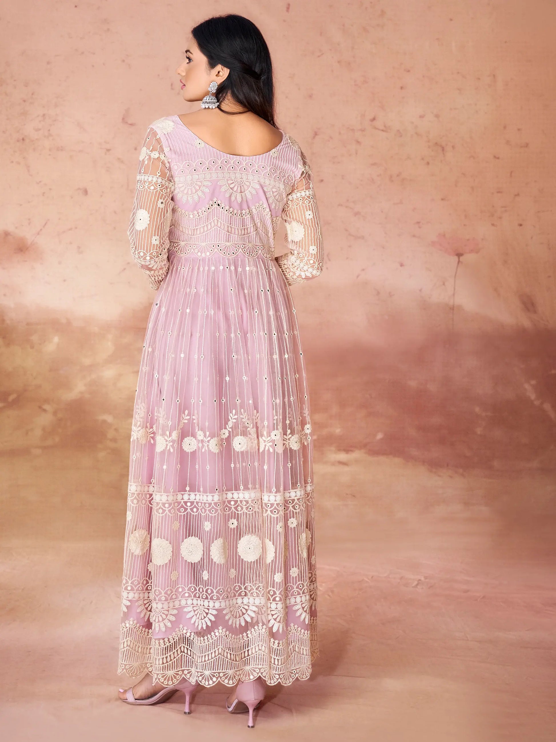 Awesome Baby Pink Embroidered Net Festival Wear Gown - Zeel Clothing