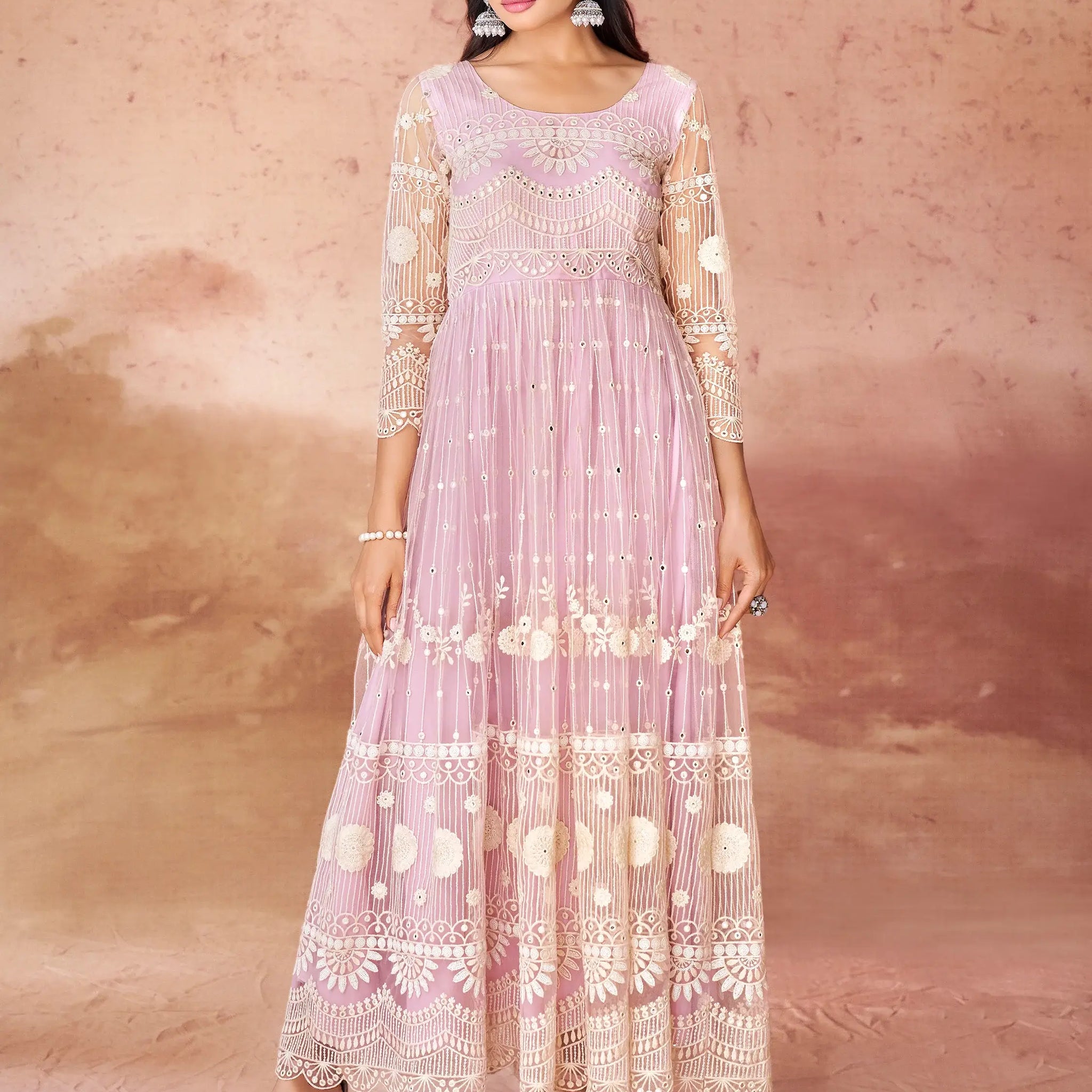 Awesome Baby Pink Embroidered Net Festival Wear Gown - Zeel Clothing