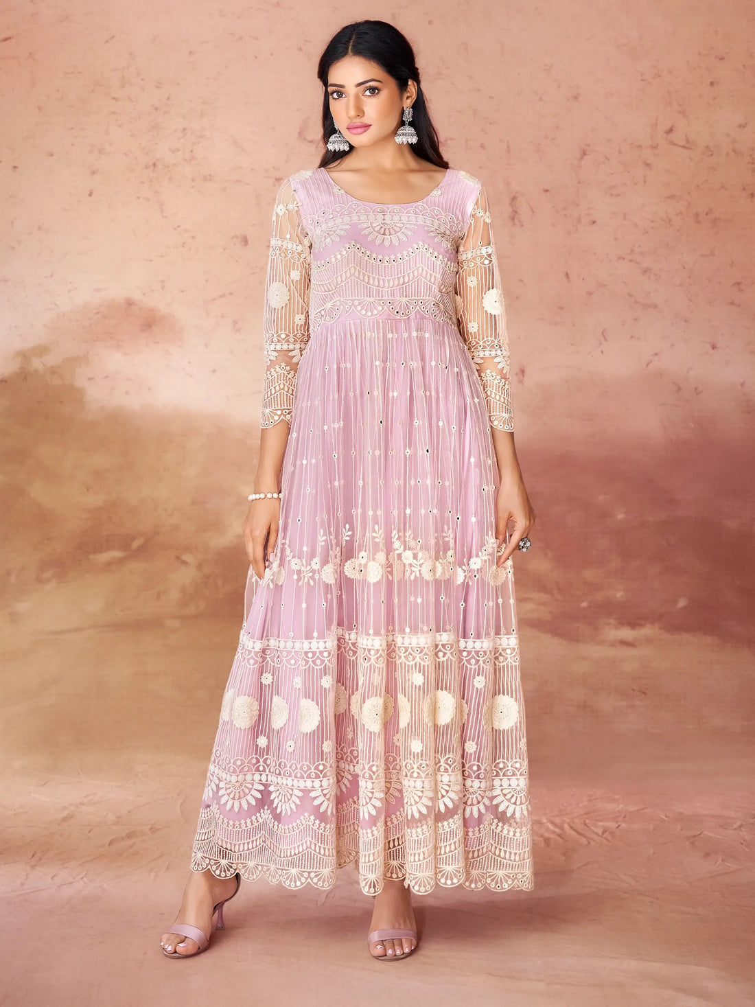 Awesome Baby Pink Embroidered Net Festival Wear Gown - Zeel Clothing