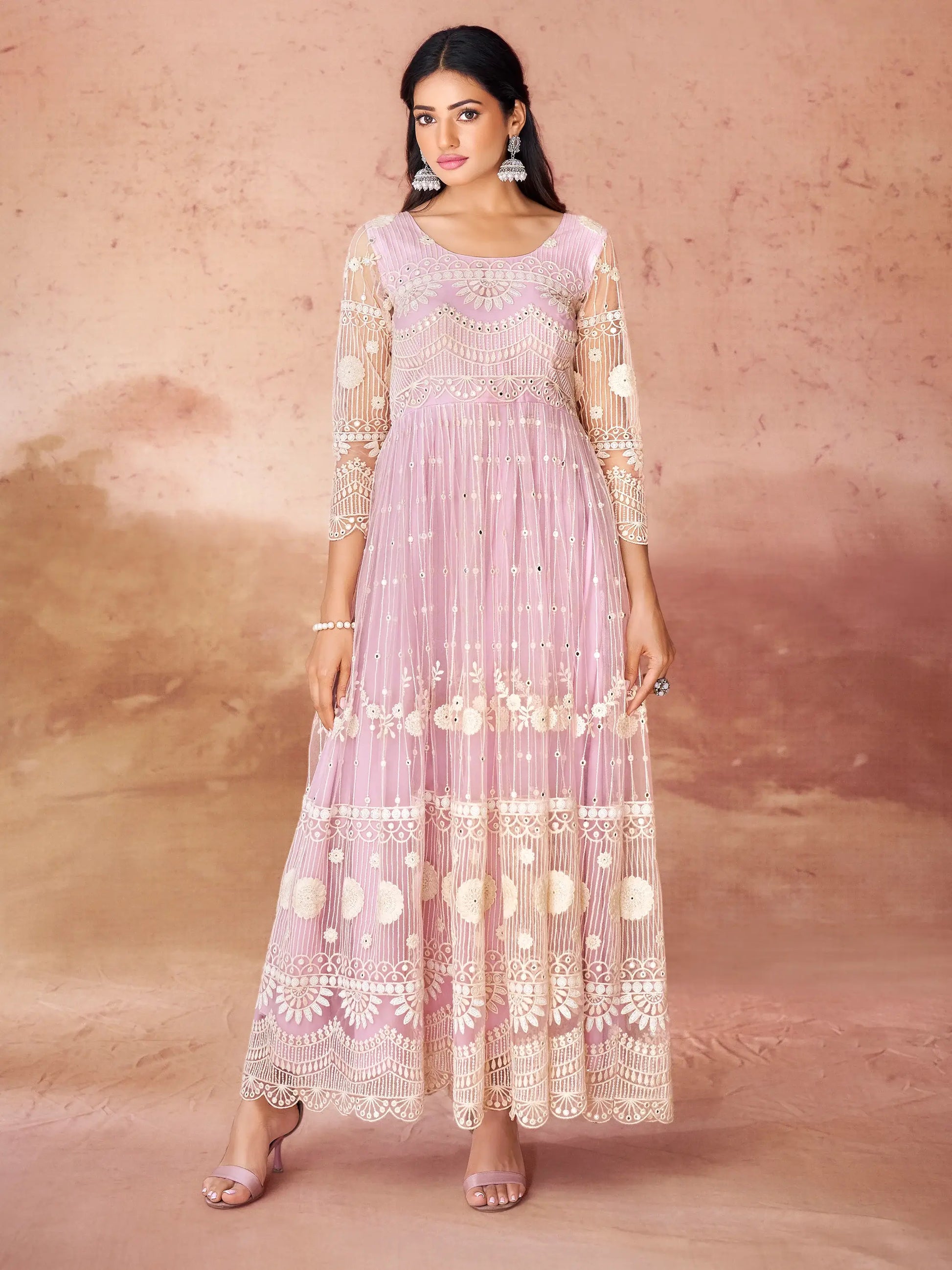 Awesome Baby Pink Embroidered Net Festival Wear Gown - Zeel Clothing