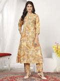 Awesome Beige Floral Printed Chanderi Silk Casual Wear Kurti With Pant - Zeel Clothing