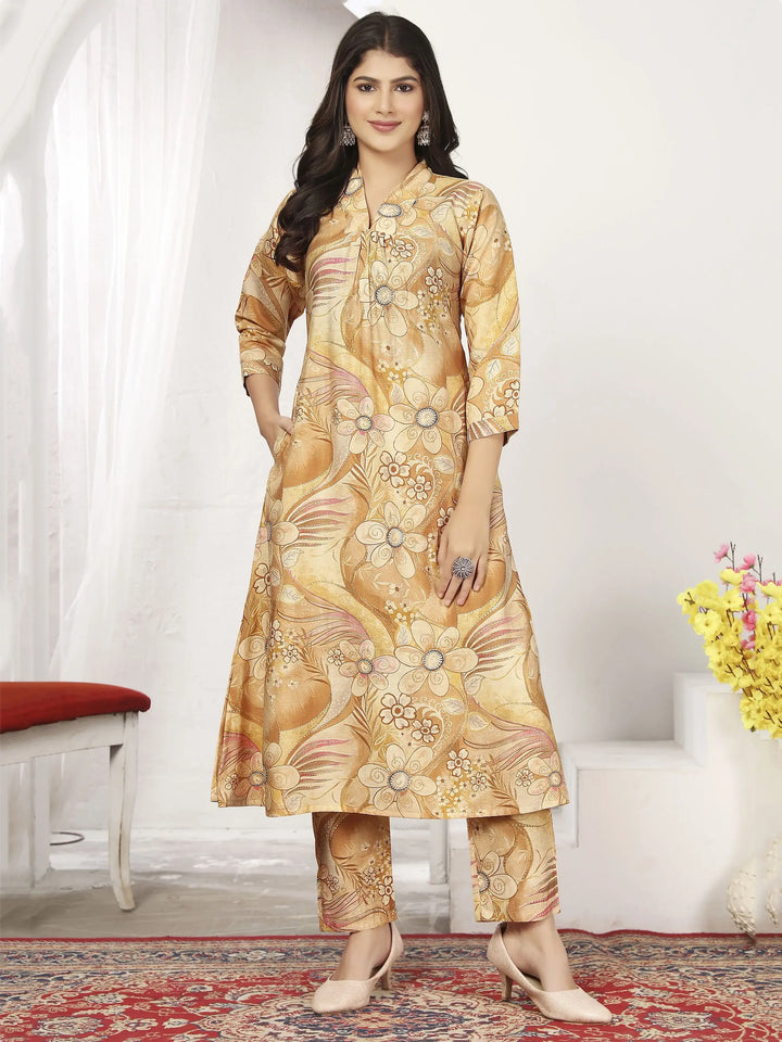 Awesome Beige Floral Printed Chanderi Silk Casual Wear Kurti With Pant - Zeel Clothing