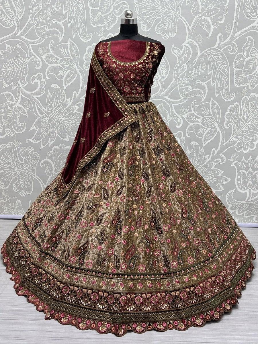 Awesome Beige Thread Work Bridal Lehenga Choli With Double Dupatta