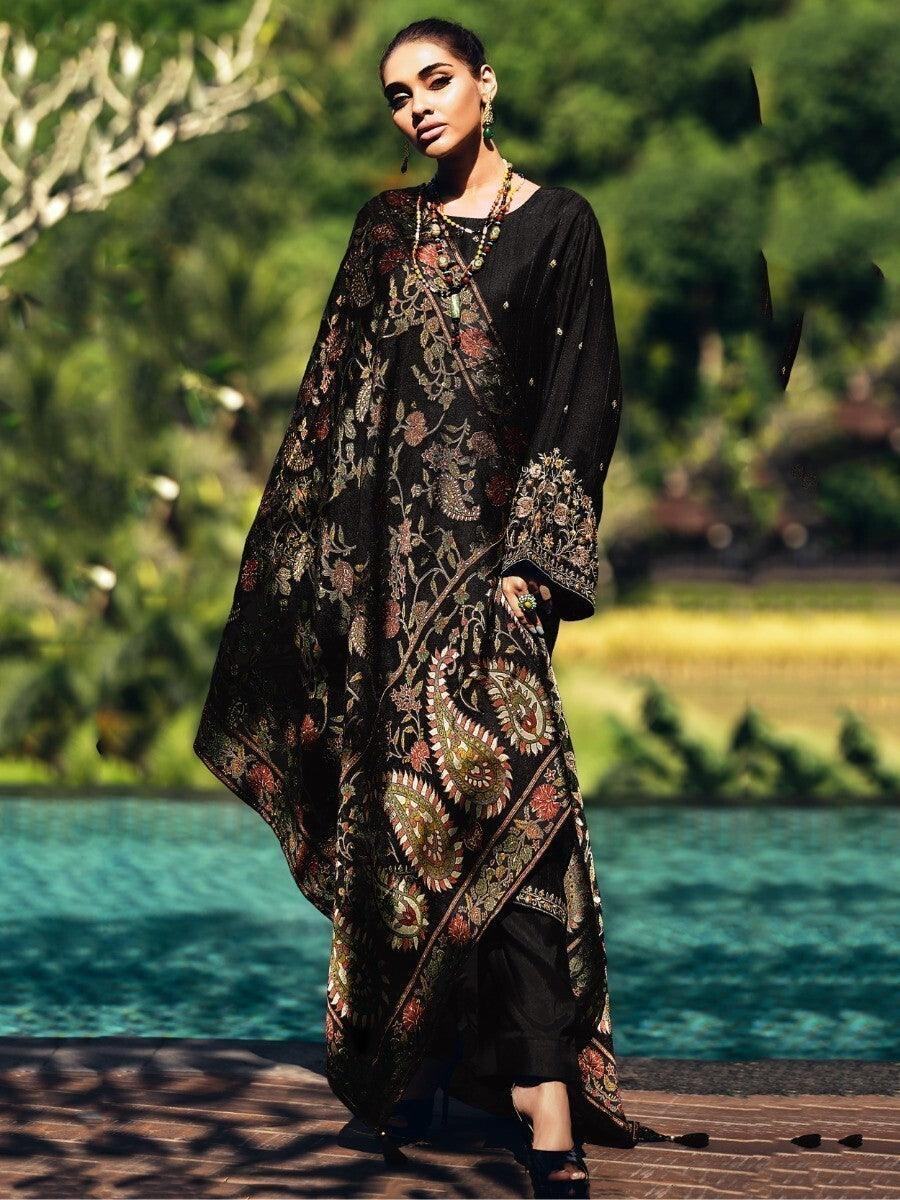 Awesome Black Embroidered Muslin Silk Pakistani Salwar Suit