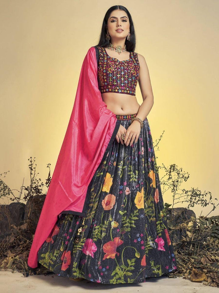 Awesome Black Floral Sequins Silk Lehenga Choli With Dupatta