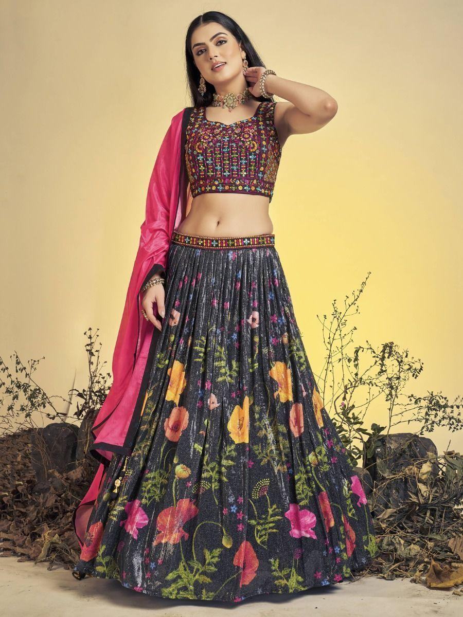 Awesome Black Floral Sequins Silk Lehenga Choli With Dupatta