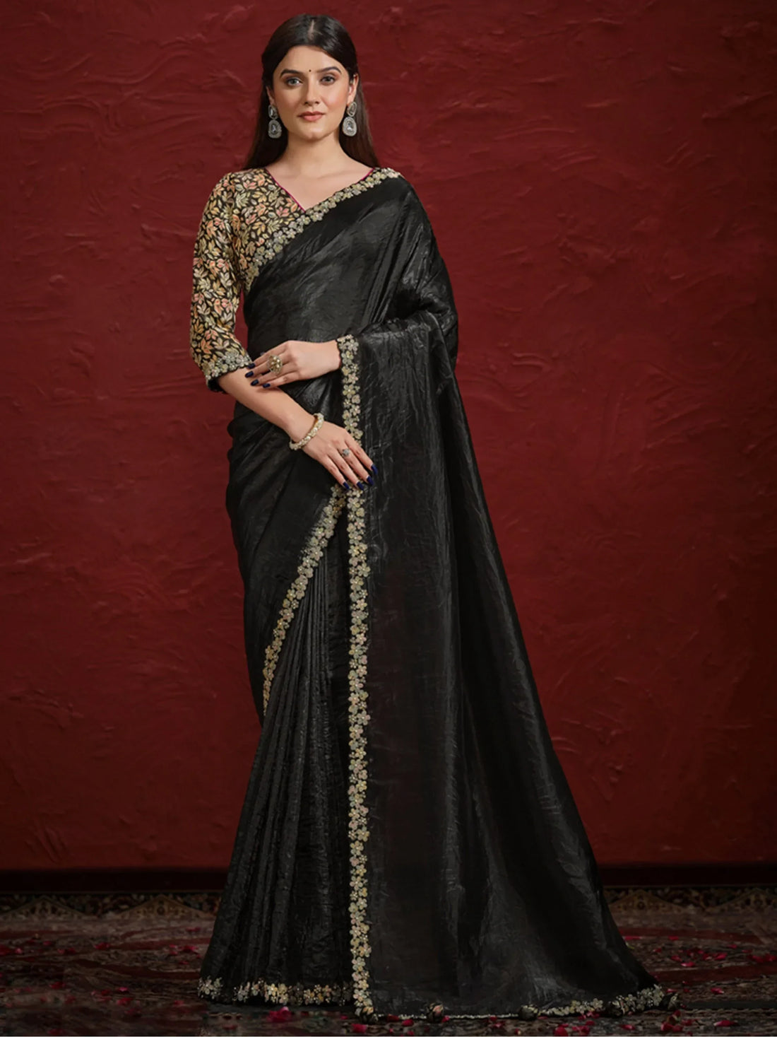 Awesome Black Lace Work Silk Reception Wear Saree With Blouse - Zeel Clothing