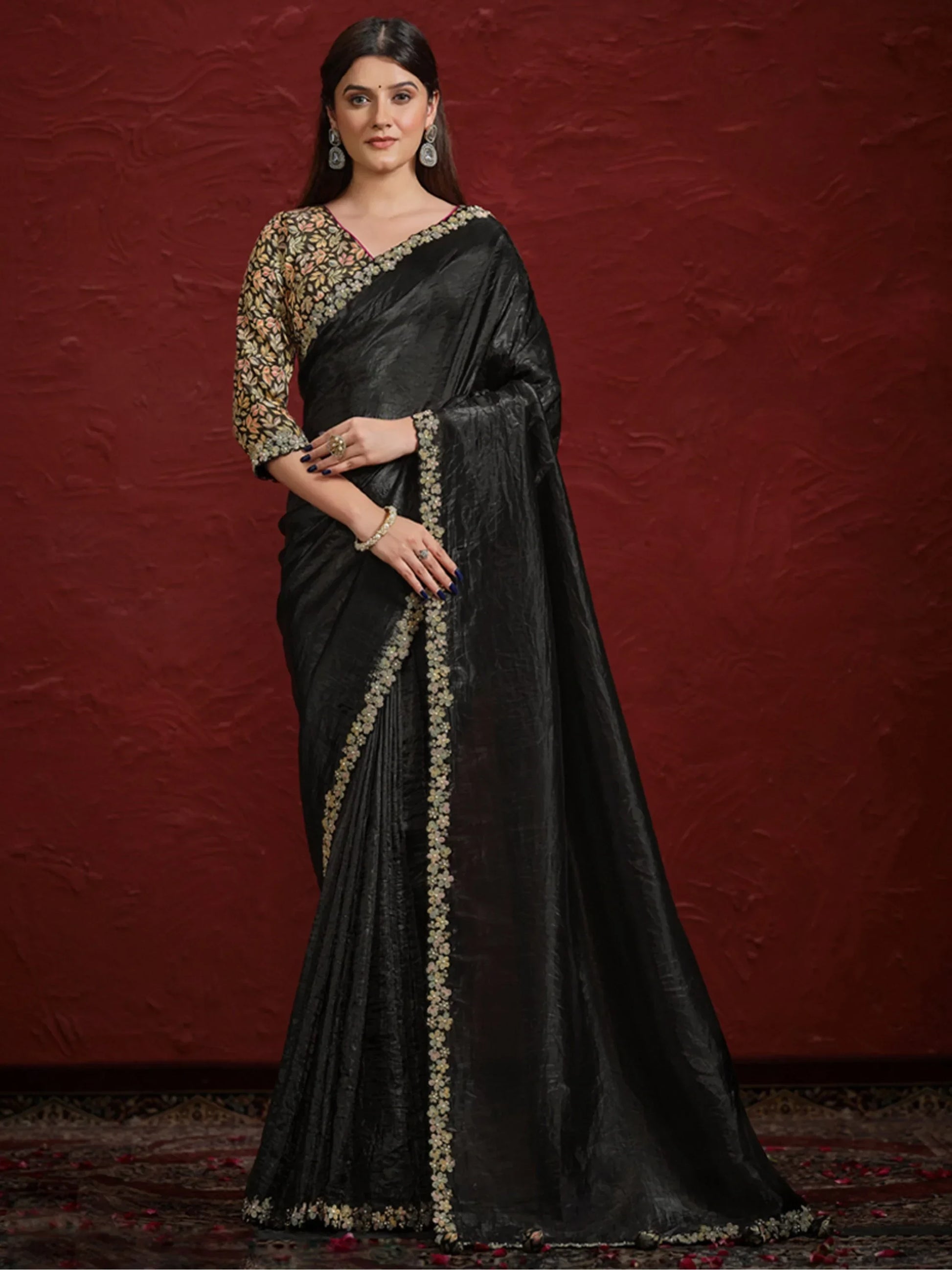 Awesome Black Lace Work Silk Reception Wear Saree With Blouse - Zeel Clothing
