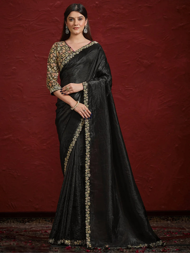 Awesome Black Lace Work Silk Reception Wear Saree With Blouse - Zeel Clothing