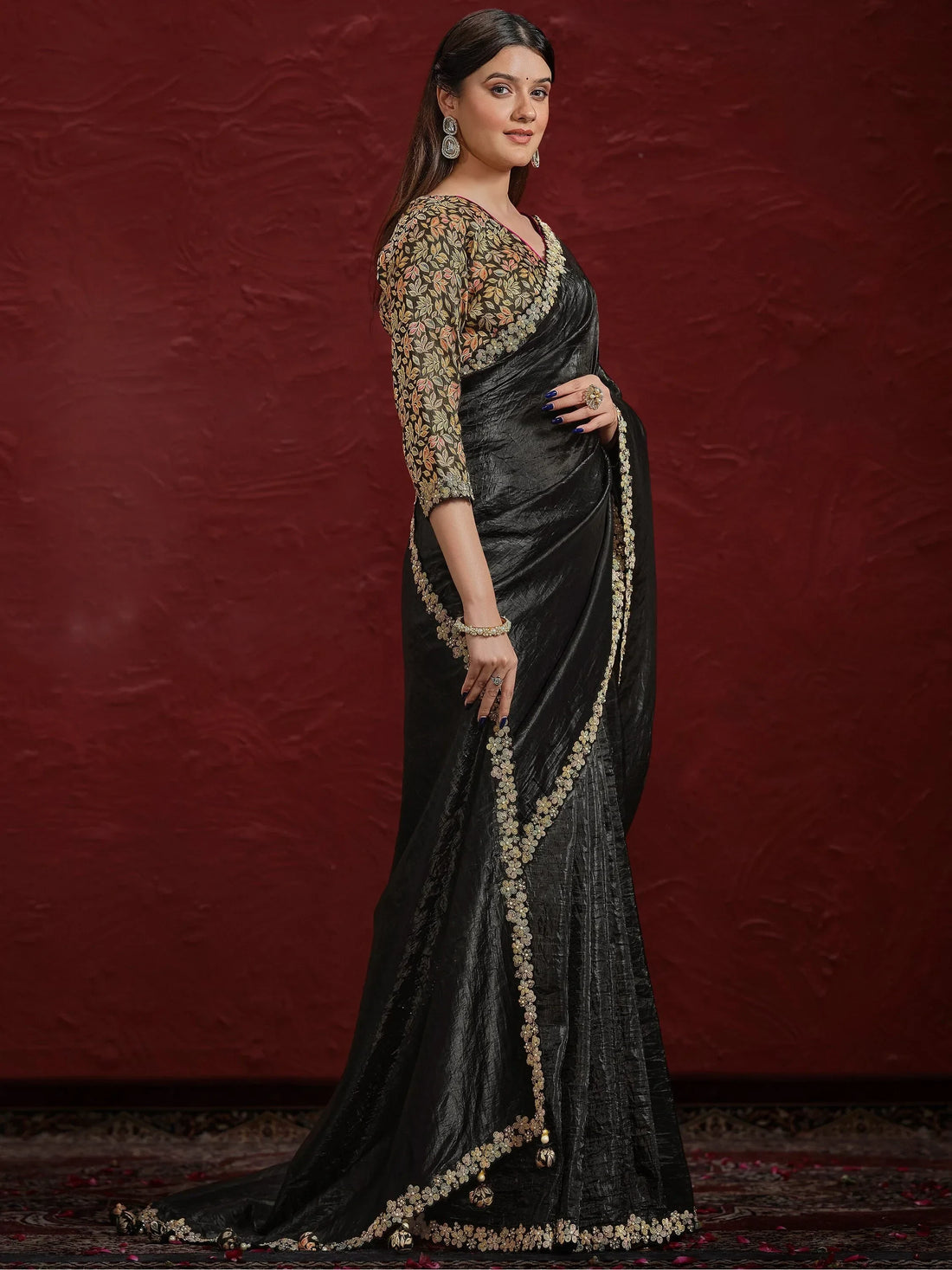 Awesome Black Lace Work Silk Reception Wear Saree With Blouse - Zeel Clothing