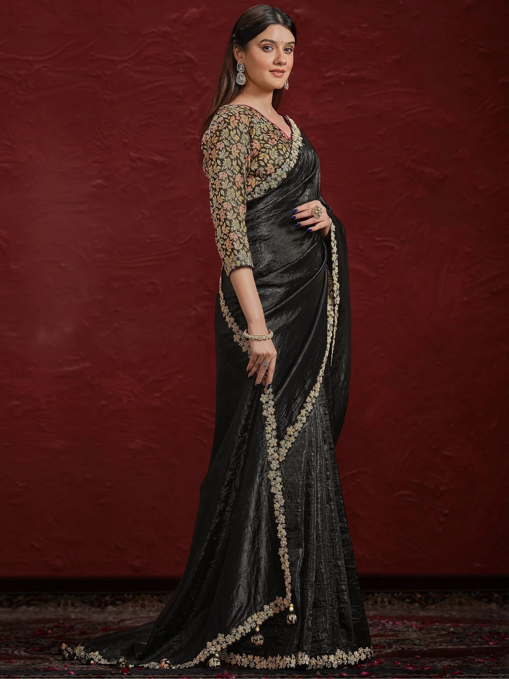Awesome Black Lace Work Silk Reception Wear Saree With Blouse - Zeel Clothing