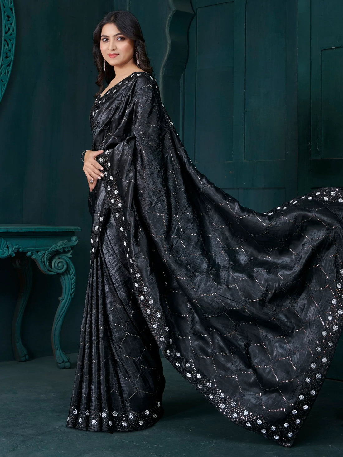Awesome Black Thread Embroidered Silk Saree With Blouse - Zeel Clothing